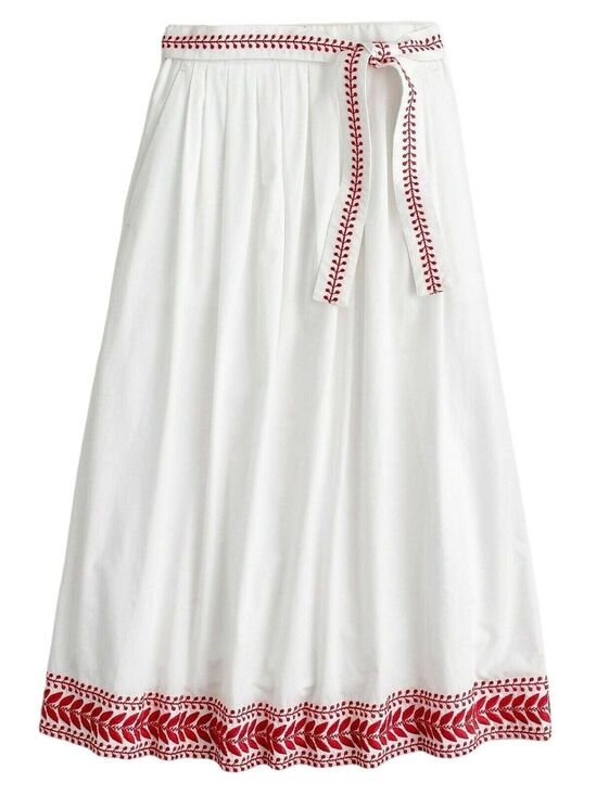 J. Crew Dresses & Skirts - J Crew White Cotton Maxi Skirt Size L Scarlet Red Embroidery Sash Belt Lined